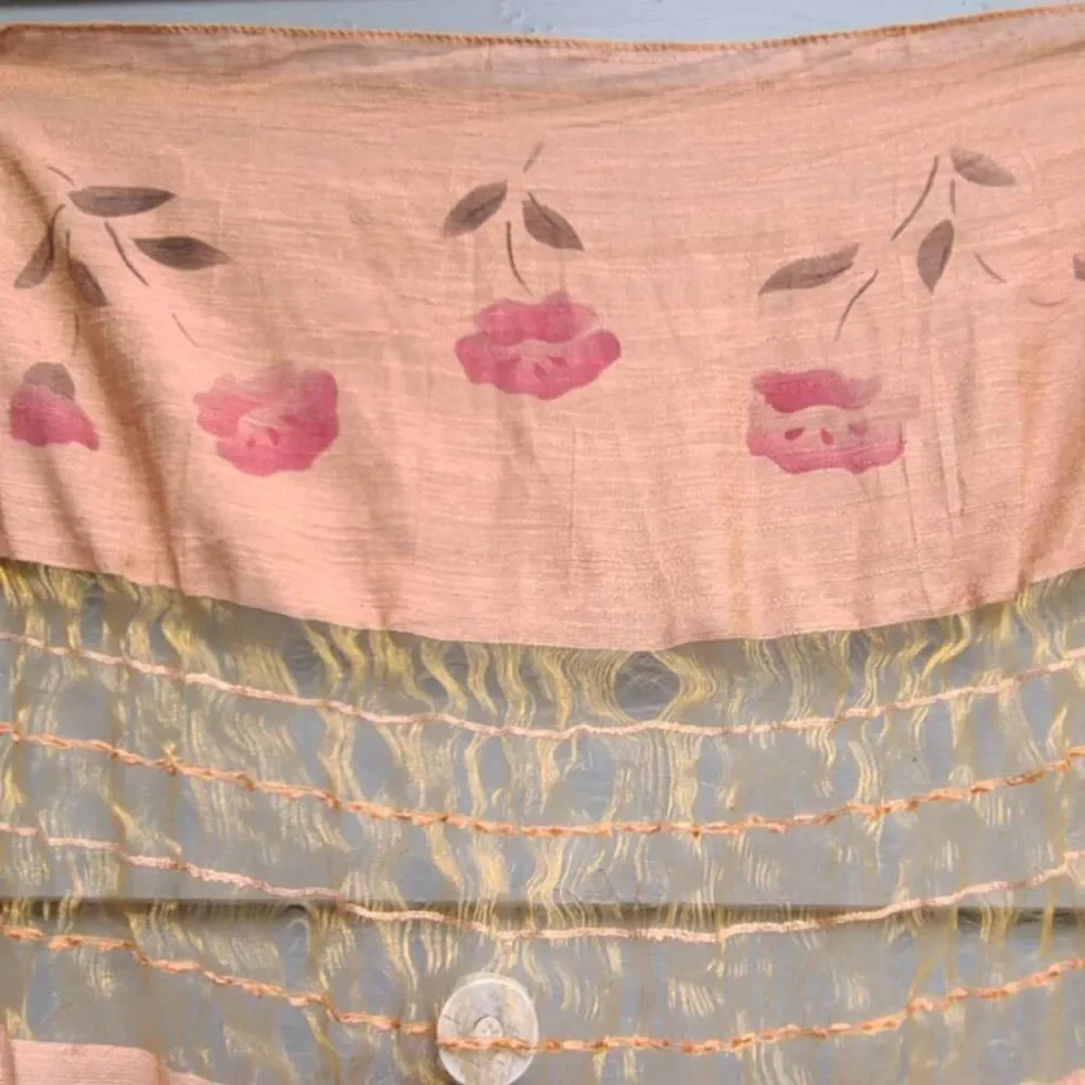 Raw Silk Feel Brown Scarf with Flowers